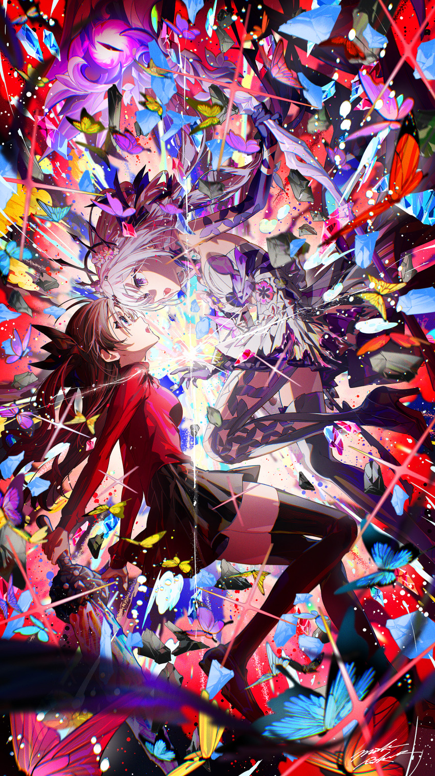 2girls absurdres asymmetrical_gloves bare_shoulders black_hair black_thighhighs black_tiara blue_eyes boots breasts bug butterfly castorice_(honkai:_star_rail) dress elbow_gloves fate/stay_night fate_(series) gloves guest_art hair_ribbon high_heel_boots high_heels highres holding holding_scythe holding_sword holding_weapon honkai:_star_rail honkai_(series) insect legwear_cutout long_hair medium_breasts mika_pikazo miniskirt multiple_girls purple_butterfly purple_eyes purple_gloves purple_hair red_sweater ribbon scythe single_elbow_glove skirt sweater sword thighhighs tiara tohsaka_rin twintails two_side_up uneven_gloves weapon white_dress zelretch_sword zettai_ryouiki