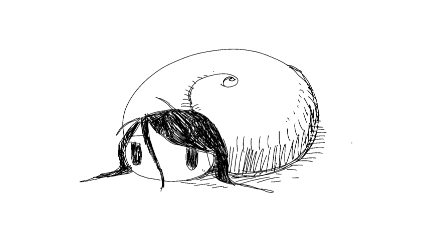 1girl black_eyes black_hair hair_between_eyes hatching_(texture) highres minimalism no_mouth no_nose original shell sketch snail_girl snail_shell spiral surreal tsukumizu_yuu white_background wide_shot