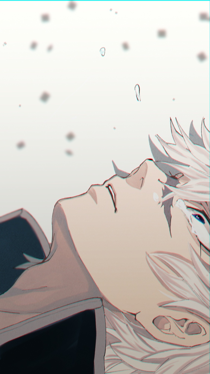 1boy 4771hchyya adam&#039;s_apple blue_eyes blurry chromatic_aberration crying demon_slayer_uniform depth_of_field dust falling floating_tears from_side grey_hair highres kimetsu_no_yaiba looking_away male_focus motion_blur parted_lips portrait profile sad scar scar_on_chest scar_on_face scar_on_forehead shinazugawa_sanemi short_hair solo tears white_hair