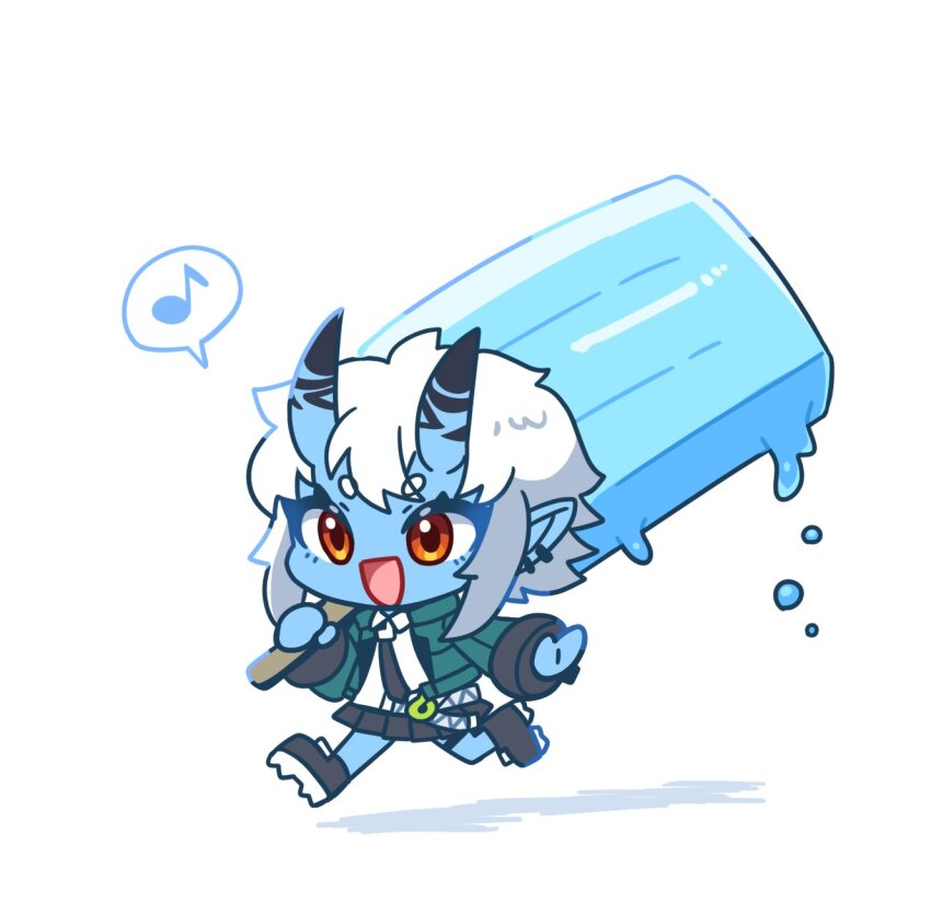1girl :d black_footwear black_necktie black_skirt blue_skin carrying carrying_over_shoulder chibi chibi_only collared_shirt colored_skin commentary_request dress_shirt ear_piercing eighth_note food green_jacket highres horns jacket melting miniskirt musical_note necktie oni open_clothes open_jacket open_mouth orange_eyes oversized_food oversized_object piercing pleated_skirt popsicle running shadow shirt short_eyebrows simple_background skin-covered_horns skirt smile solo soukaku_(zenless_zone_zero) speech_bubble spoken_musical_note tanpopo_hayabusa-maru thick_eyebrows thigh_strap white_background white_hair white_shirt zenless_zone_zero
