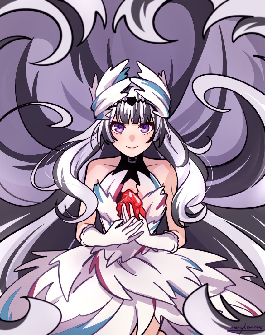 1girl bare_shoulders black_choker black_hair blunt_bangs choker closed_mouth dress fire_emblem fire_emblem_engage gem gloves grey_hair hair_ornament highres holding holding_gem long_hair merylemons multicolored_hair nintendo red_gemstone sleeveless sleeveless_dress smile solo two-tone_hair very_long_hair veyle_(fire_emblem) white_dress white_gloves wing_hair_ornament