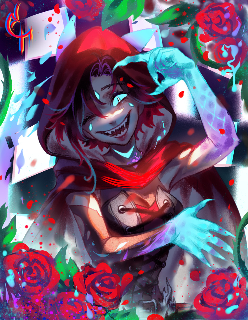 animal_ears arm_under_breasts arm_up aura bad_end blue_eyes breasts cat_ears checkered_background claws cleavage coconuthound commentary corruption curious_cat_(rwby) dark_persona english_commentary evil_smile falling_petals flower highres hood looking_at_viewer medium_breasts one_eye_closed petals possessed possession red_hair rooster_teeth roosterteeth rose rose_petals ruby_rose rwby sharp_teeth short_hair slit_pupils smile teeth transformation