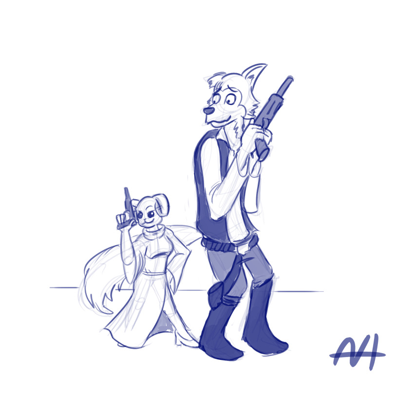 animal_ears beastars blaster_(star_wars) cosplay crossover han_solo han_solo_(cosplay) haru_(beastars) highres legoshi princess_leia_(cosplay) princess_leia rabbit_ears rabbit_tail star_wars tagme tail wolf wolf_ears