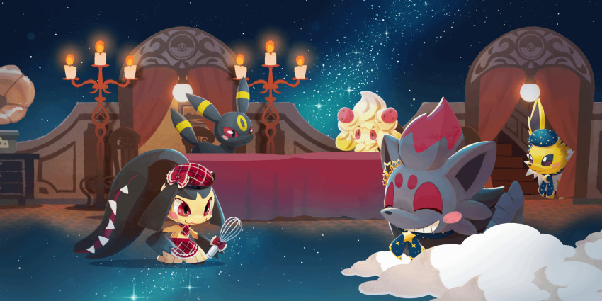 alcremie alcremie_(lemon_cream) alcremie_(strawberry_sweet) apron artist_request blue_hat blush blush_stickers brown_eyes candle closed_eyes closed_mouth fire gen_1_pokemon gen_2_pokemon gen_5_pokemon gen_8_pokemon grin hat highres holding holding_whisk jolteon jolteon_(starry_sky) mawile_(confectioner) night night_sky nintendo no_humans official_art plaid_apron plaid_clothes plaid_hat pokemon pokemon_(creature) pokemon_cafe_remix pokemon_focus red_apron red_eyes red_hat sharp_teeth sky smile space_print star_(symbol) starry_sky_print teeth third-party_source umbreon whisk zorua zorua_(starry_sky)