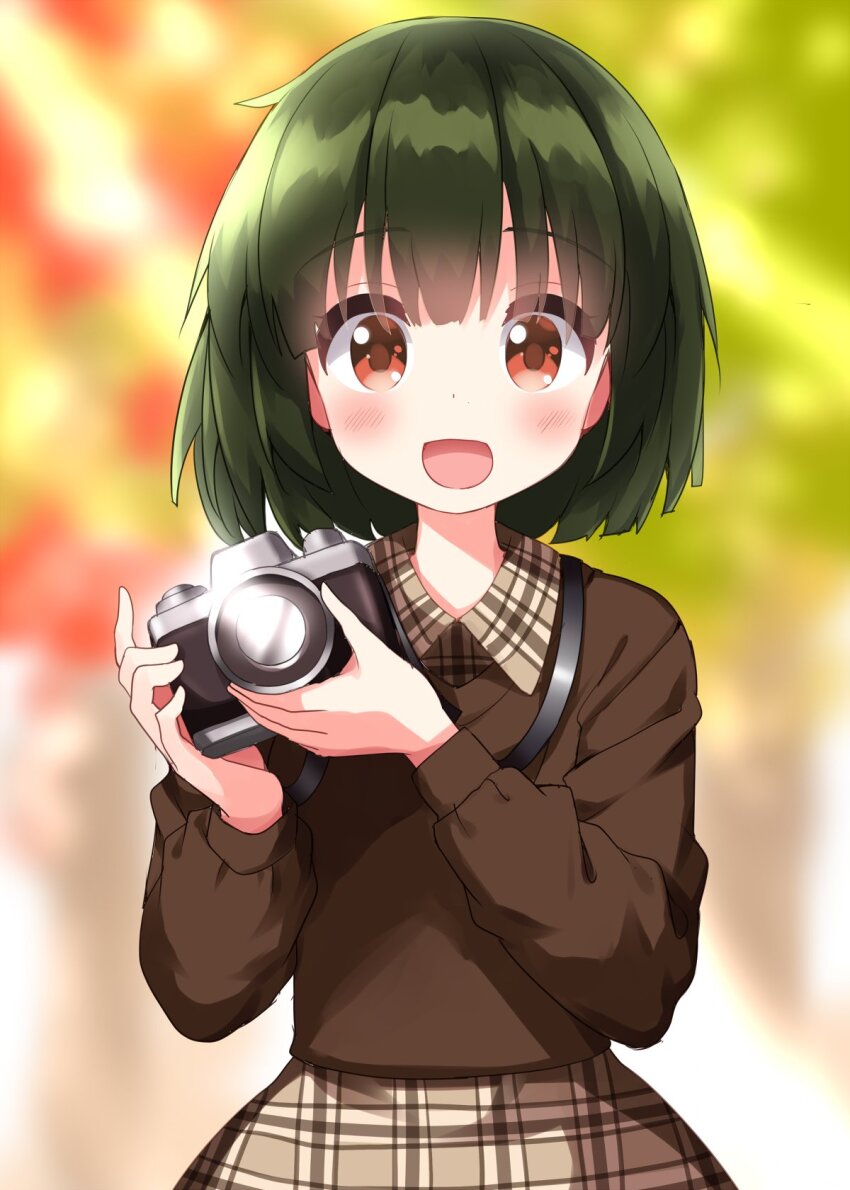 1girl blurry blurry_background blush camera dot_nose facing_viewer feet_out_of_frame female_focus green_eyes hair_between_eyes highres holding holding_camera kin-iro_mosaic long_hair long_sleeves oomiya_shinobu open_mouth outdoors ruu_(tksymkw) shirt short_hair skirt solo standing