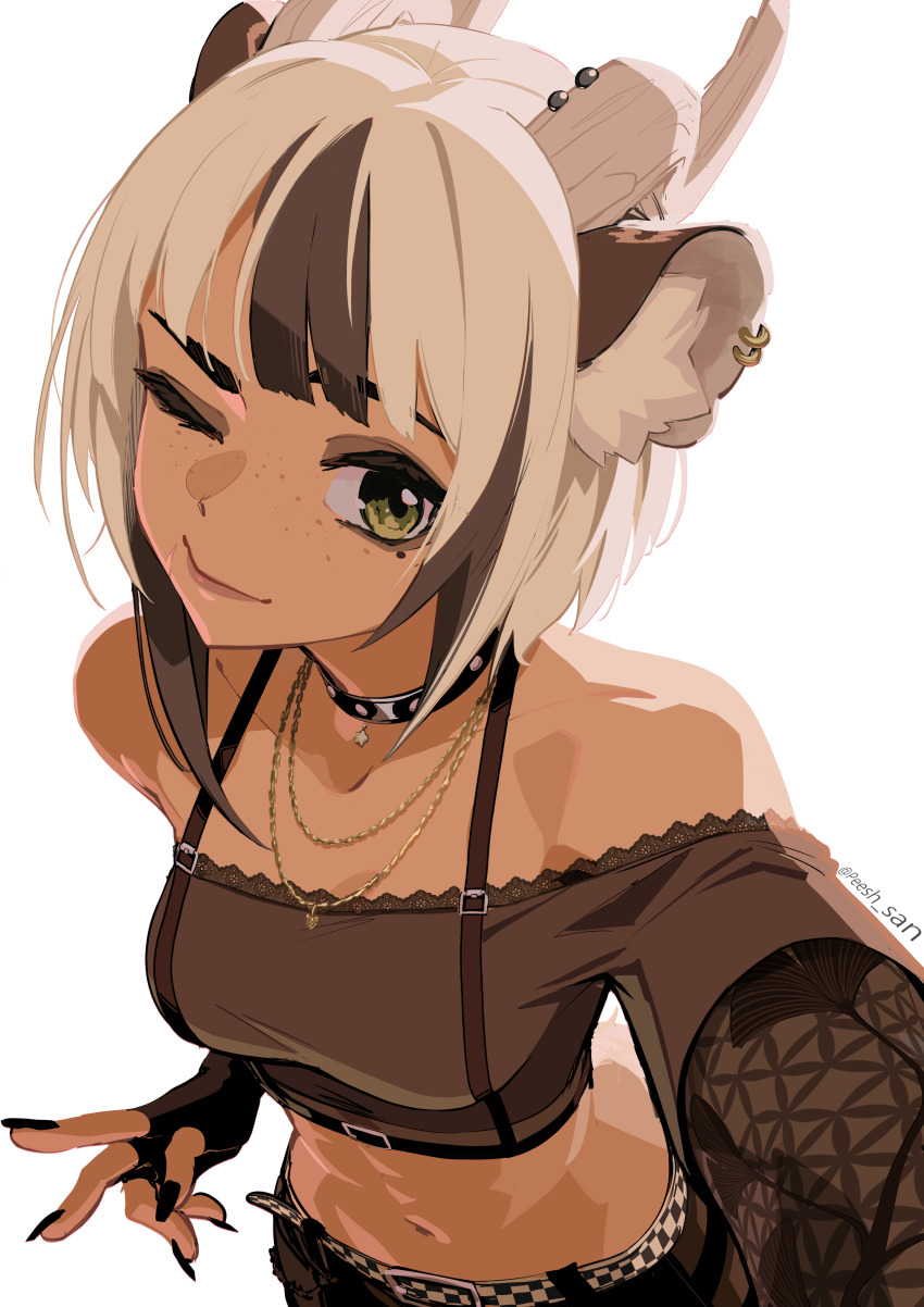 1girl absurdres animal_ear_fluff animal_ears bare_shoulders black_gloves breasts brown_hair crop_top fingerless_gloves gloves green_eyes highres horns multicolored_hair navel one_eye_closed original peesh_san sansin_jin small_breasts solo standing stomach streaked_hair v virtual_youtuber white_background