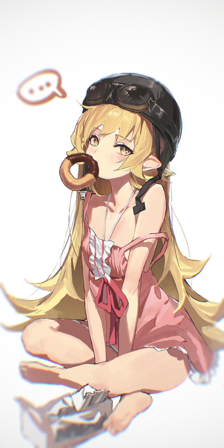 1girl absurdres aviator_cap aviator_goggles bare_shoulders barefoot berserker_r blonde_hair blush donut dress food food_in_mouth goggles goggles_on_head highres long_hair looking_at_viewer monogatari_(series) oshino_shinobu pink_dress pointy_ears solo yellow_eyes