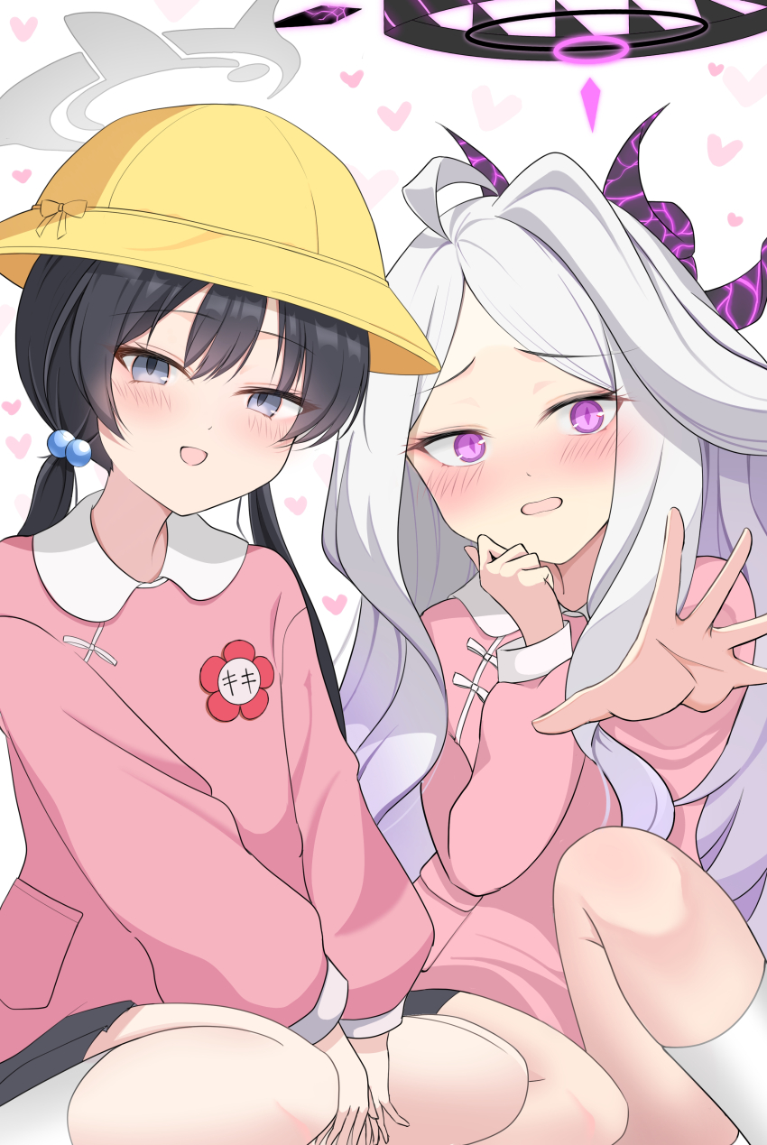 absurdres ahoge black_hair black_halo blue_archive blush demon_girl demon_horns double_bun flat_chest grey_halo hair_bun halo hat heart highres hina_(blue_archive) horns hoshimi_0 kindergarten_uniform kisaki_(blue_archive) kisaki_(kindergarten_uniform)_(blue_archive) long_hair looking_at_viewer open_mouth purple_eyes sitting skirt white_hair