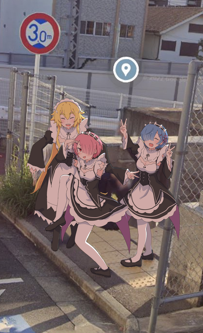 3girls :d absurdres black_footwear blonde_hair chain-link_fence double_v fence frederica_baumann google_street_view high_school_girls_posing_for_google_street_view_(meme) highres long_hair long_sleeves looking_at_viewer maid maid_headdress meme multiple_girls open_mouth outdoors pantyhose photo_background ram_(re:zero) re:zero_kara_hajimeru_isekai_seikatsu rem_(re:zero) roswaal_mansion_maid_uniform sidewalk smile sunegg1112 v white_pantyhose