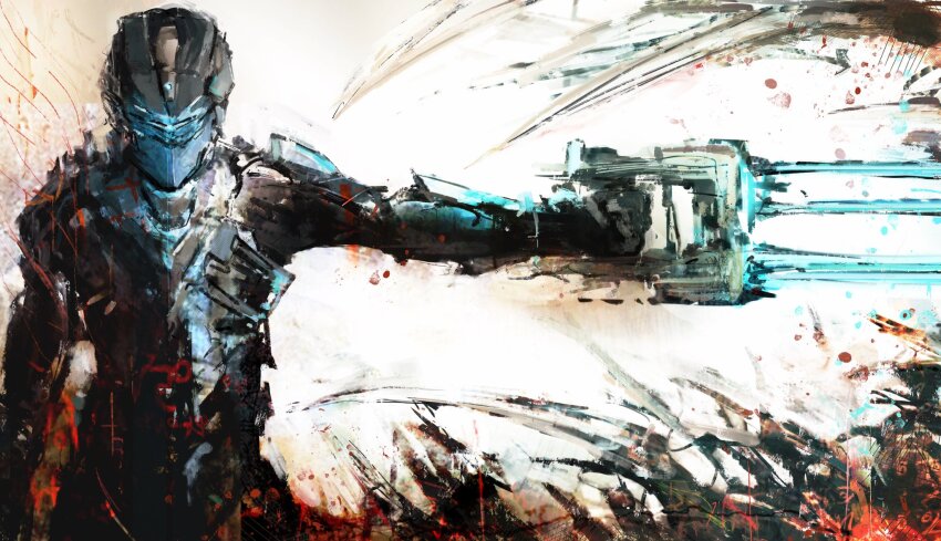 1boy armor assault_visor blue_visor dead_space facing_viewer glowing gun helmet highres holding holding_weapon isaac_clarke kyezzzz outstretched_arm plasma_cutter power_suit science_fiction solo spacesuit weapon