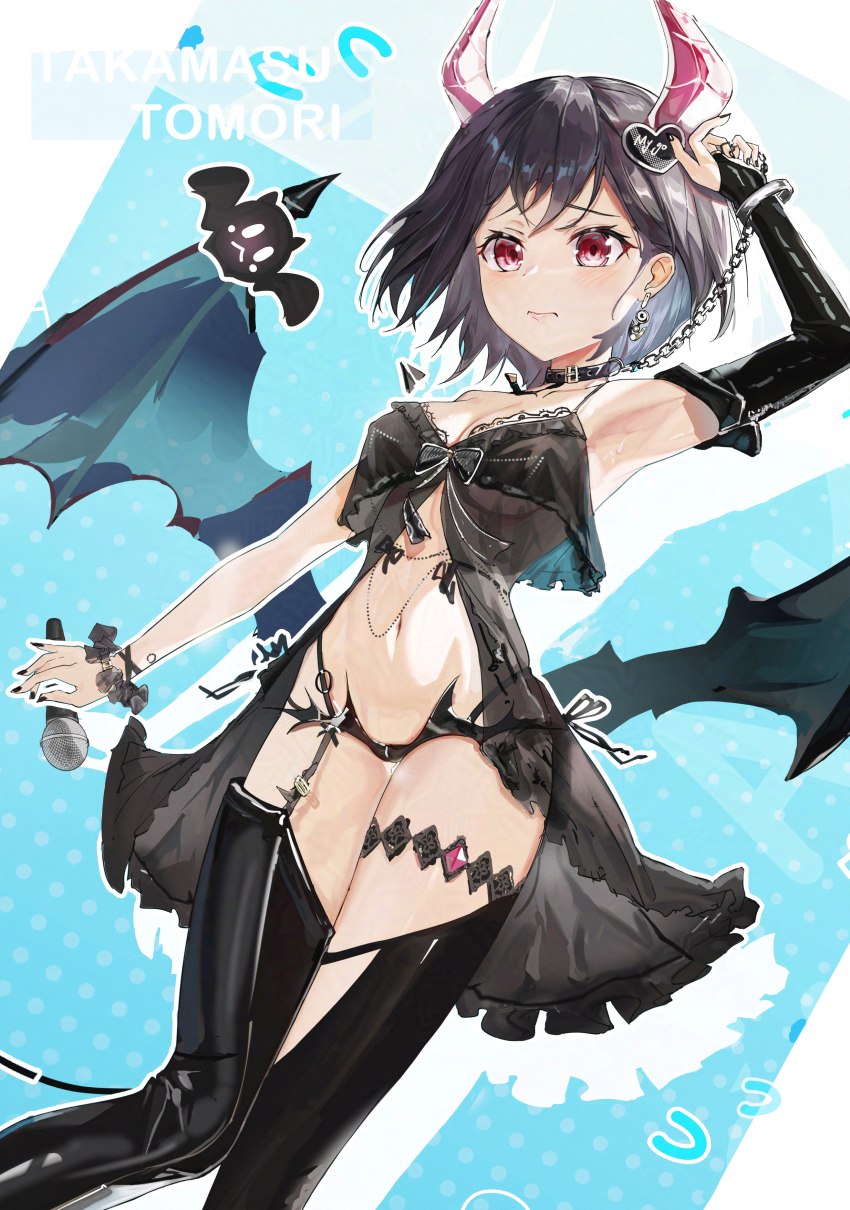 1girl absurdres andychen1 armpits bang_dream! bang_dream!_it&#039;s_mygo!!!!! bikini black_bikini black_thighhighs breasts chain chain_leash collarbone elbow_gloves gloves grey_hair highres horns latex latex_thighhighs leash medium_hair navel red_eyes single_elbow_glove small_breasts solo standing stomach swimsuit takamatsu_tomori thighhighs