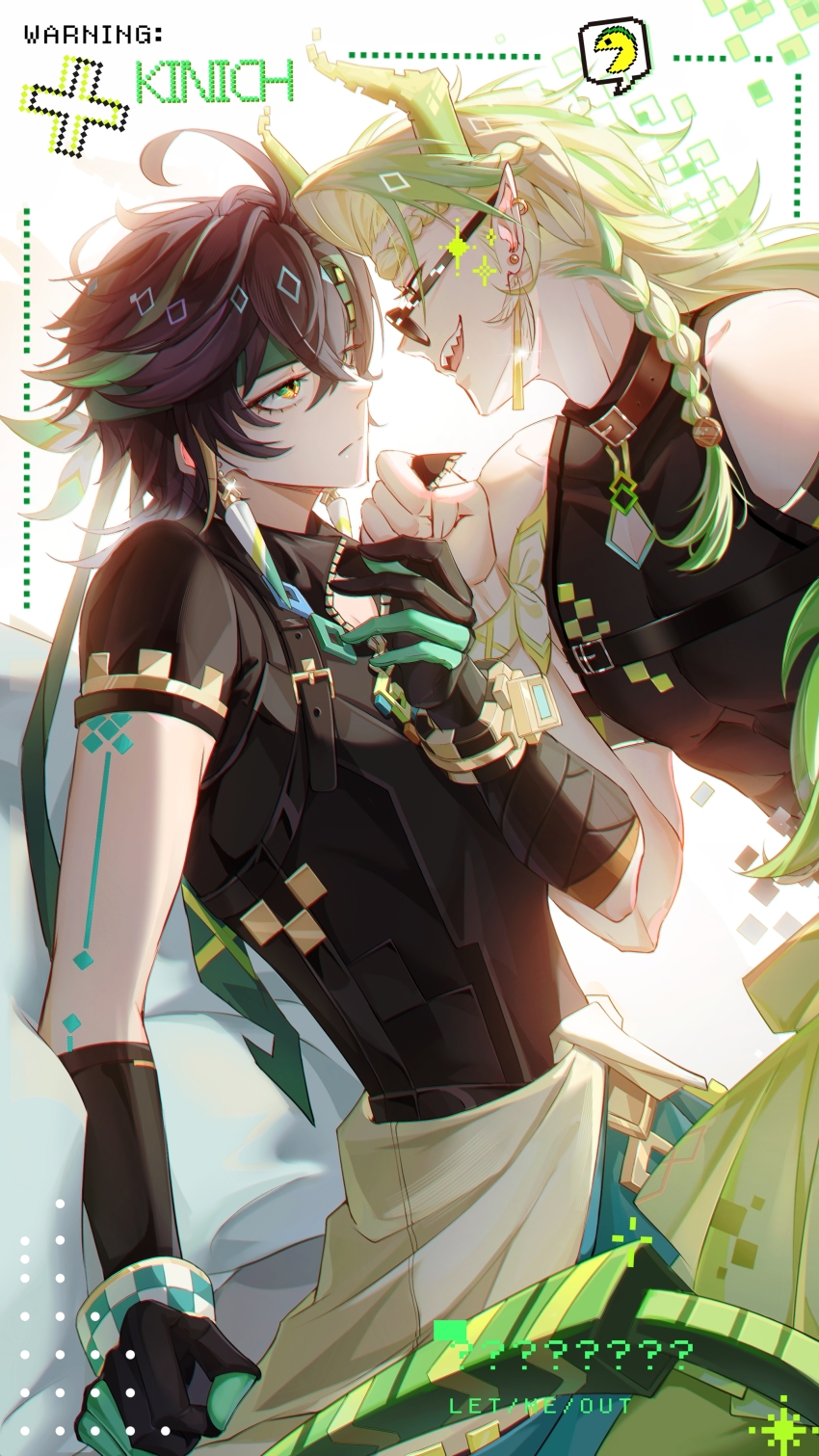 2boys absurdres ajaw_(genshin_impact) animalization arm_tattoo black_gloves black_hair black_shirt blonde_hair braid closed_mouth clothes_around_waist dragon_horns earrings genshin_impact glasses gloves green_gloves green_hair green_headband hair_between_eyes headband highres horns jewelry kinich_(genshin_impact) male_focus multicolored_gloves multicolored_hair multiple_boys muscular muscular_male open_mouth pointy_ears sharp_teeth shenjudongmandabanban shirt short_hair spiked_ear_piercing tattoo teeth two-tone_gloves yaoi