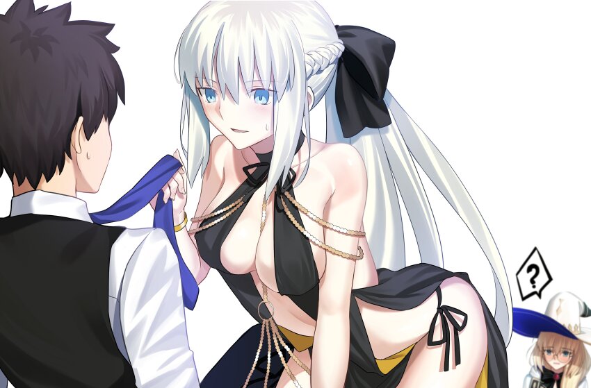 1boy 2girls absurdres aesc_(fate) aesc_(rain_witch)_(fate) bb_(fate) bb_dubai_(fate) bb_dubai_(fate)_(cosplay) black_dress black_hair blonde_hair blue_eyes blush breasts center_opening cosplay dress fate/grand_order fate_(series) fujimaru_ritsuka_(male) glasses hair_ribbon hat highres long_hair longdq3008 morgan_le_fay_(fate) multiple_girls ponytail pulling_another&#039;s_clothes revealing_clothes ribbon round_eyewear smile white_hair witch_hat