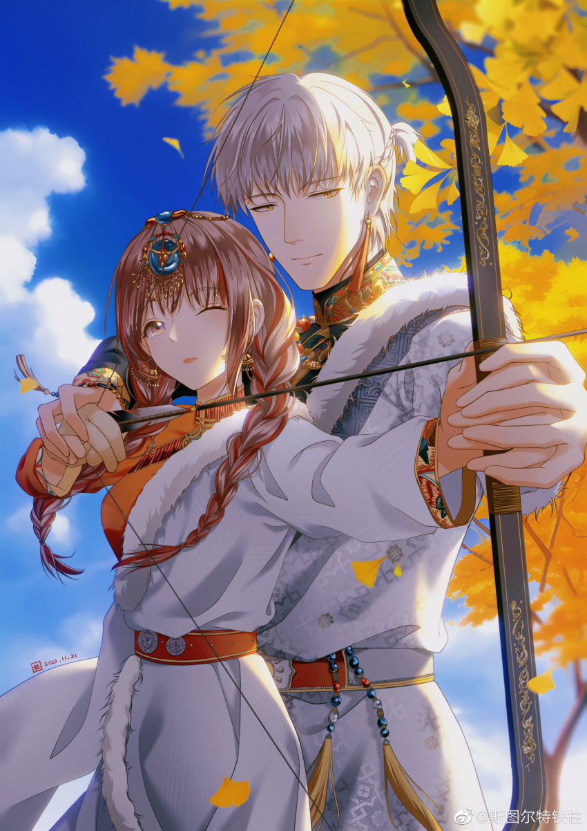 1boy 1girl absurdres aiming arrow_(projectile) autumn belt black_shirt blue_sky bow_(weapon) braid brown_eyes brown_hair chinese_clothes circlet closed_mouth cloud collared_shirt cowboy_shot day determined drawing_bow eyelashes falling_leaves floating_hair fur-trimmed_hanfu ginkgo_leaf grey_hair hair_between_eyes hair_over_shoulder hanfu high_collar highres holding holding_arrow holding_bow_(weapon) holding_weapon leaf light_and_night_love light_frown lipstick long_hair long_sleeves looking_ahead makeup one_eye_closed orange_belt orange_shirt outdoors pink_lips ponytail protagonist_(light_and_night_love) qi_sili sharing shirt short_hair short_ponytail situ&#039;erte_tiezhu sky standing twin_braids weapon white_hanfu wind