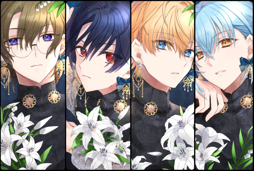 4boys absurdres black_hair blonde_hair blue_eyes blue_hair closed_mouth column_lineup earrings faust_lavinia flower glasses heathcliff_blanchett highres jewelry kusano-mlgg light_blue_hair looking_at_viewer mahoutsukai_no_yakusoku male_focus mole mole_under_eye multiple_boys nero_turner orange_eyes parted_lips purple_eyes red_eyes shino_sherwood short_hair teeth white_flower