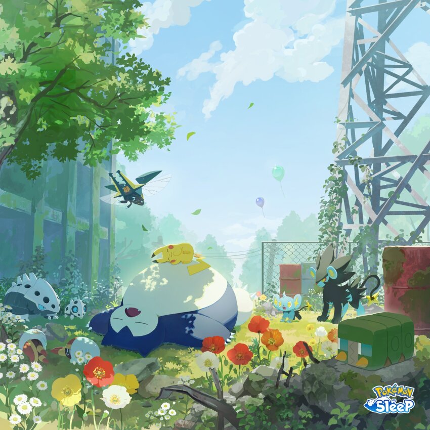 aron balloon barrel chain-link_fence charjabug claws cloud commentary_request copyright_name day falling_leaves fence flower game_freak gen_1_pokemon gen_3_pokemon gen_4_pokemon gen_7_pokemon grass grubbin highres lairon leaf luxray lying nao_(naaa_195) nintendo no_humans on_back outdoors pikachu pokemon pokemon_(creature) pokemon_sleep shinx sky sleeping snorlax standing tree vikavolt