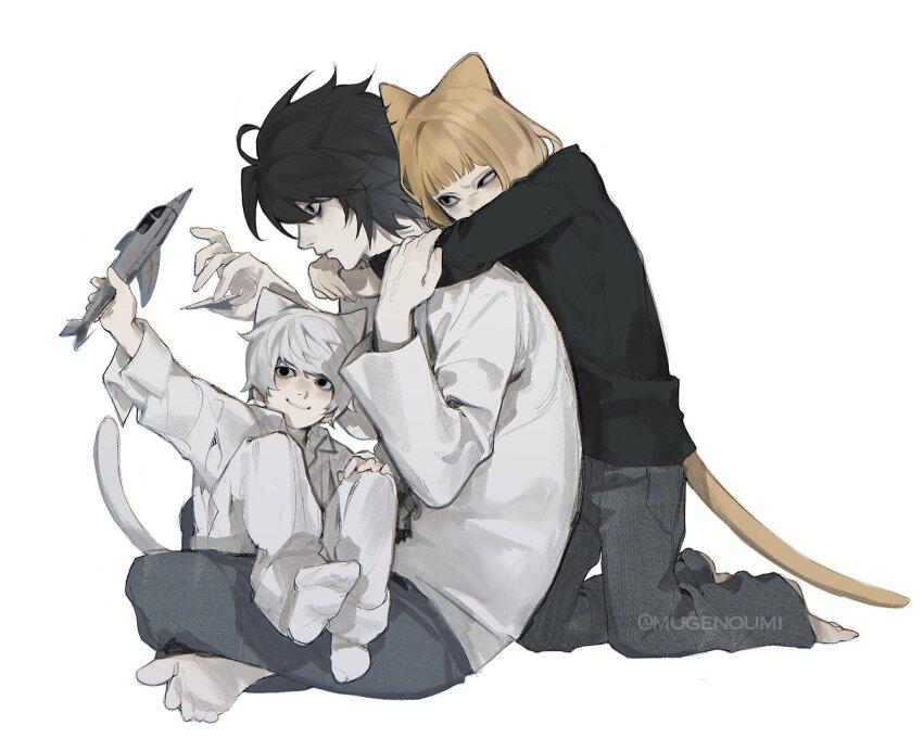 3boys animal_ears arms_around_neck bags_under_eyes barefoot black_hair black_shirt blonde_hair blunt_bangs bob_cut cat_boy cat_ears cat_tail child collared_shirt death_note full_body furrowed_brow grey_pants hair_between_eyes highres holding holding_toy indian_style kemonomimi_mode kneeling l_(death_note) long_sleeves male_focus mello_(death_note) messy_hair multiple_boys near_(death_note) pants shirt short_hair sitting sitting_on_lap sitting_on_person smile tail toy toy_airplane twitter_username white_background white_hair white_shirt yaoi yoonmiumi