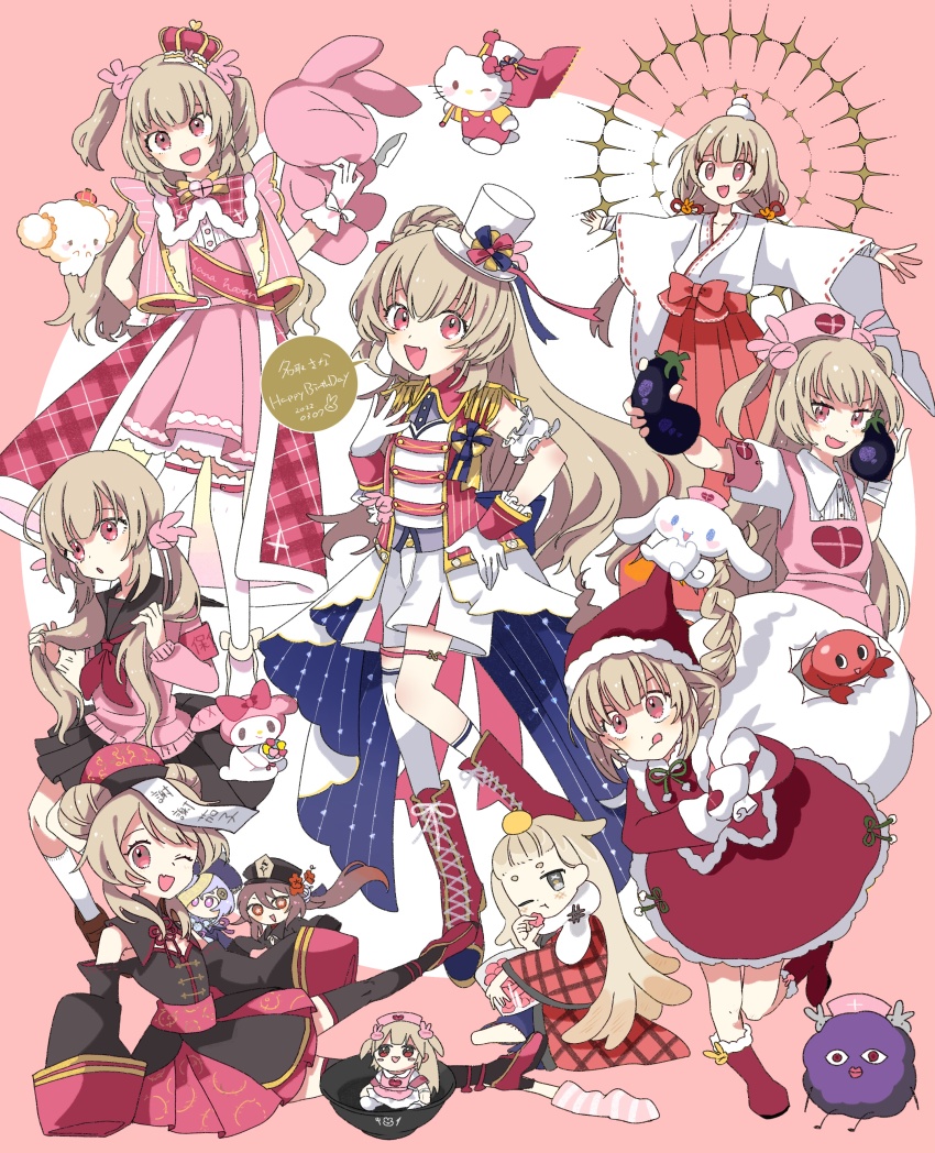 6+girls :d absurdres apron armband black_dress black_sailor_collar blonde_hair braid capelet cogimyun commentary_request crown detached_sleeves double_bun dress eggplant epaulettes fang food food_on_head fruit fruit_on_head full_body genshin_impact gloves hair_bun hair_ornament hakama hanten_(clothes) happy_birthday hat hello_kitty hello_kitty_(character) highres holding holding_sack hu_tao_(genshin_impact) japanese_clothes jiangshi_costume kimono long_hair long_sleeves looking_at_viewer low_twintails majorette mandarin_orange miko mini_crown mini_hat mini_top_hat multiple_girls my_melody natori_sana natori_sana_(jiangshi) natori_sana_(miko) natori_sana_(nurse) natori_sana_(parade) natori_sana_(sana_channel_king) natori_sana_(santa) natori_sana_(school_uniform) neckerchief object_on_head official_alternate_costume onegai_my_melody open_mouth outstretched_arms pink_apron pink_dress pink_sweater qingdai_guanmao qiqi_(genshin_impact) rabbit_hair_ornament red_armband red_capelet red_dress red_eyes red_hakama red_neckerchief saana-kun sack saigou_r_irori sailor_collar sana_channel sanrio santa_costume santa_hat shiyoko_(syokorate) shorts shrimp sleeves_past_fingers sleeves_past_wrists smile spread_arms standing stuffed_animal stuffed_rabbit stuffed_toy sweater thighhighs top_hat torn_bag twin_braids twintails two_side_up virtual_youtuber white_gloves white_kimono white_shorts white_thighhighs wide_sleeves