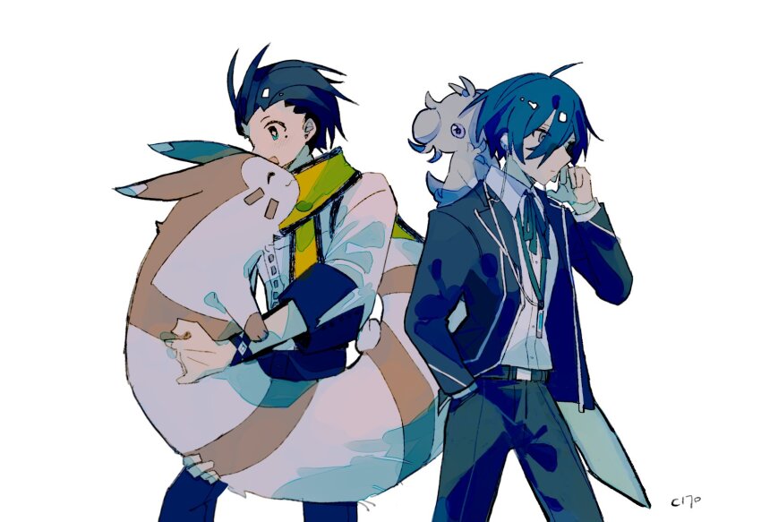 2boys ahoge black_sleeve_cuffs black_trim blue_eyes blue_hair brown_hair cha_c170 collared_shirt digital_media_player digital_walkman espurr furret game_freak gekkoukan_high_school_uniform gen_2_pokemon gen_6_pokemon hair_between_eyes hair_slicked_back headphones highres holding holding_pokemon jacket long_scarf long_sleeves male_focus mochizuki_ryouji mole mole_under_eye multiple_boys neck_ribbon nintendo on_shoulder open_mouth pants persona persona_3 pokemon pokemon_(creature) pokemon_on_shoulder ribbon scarf school_uniform shirt short_hair smile white_background white_shirt yellow_scarf yuuki_makoto_(persona_3)