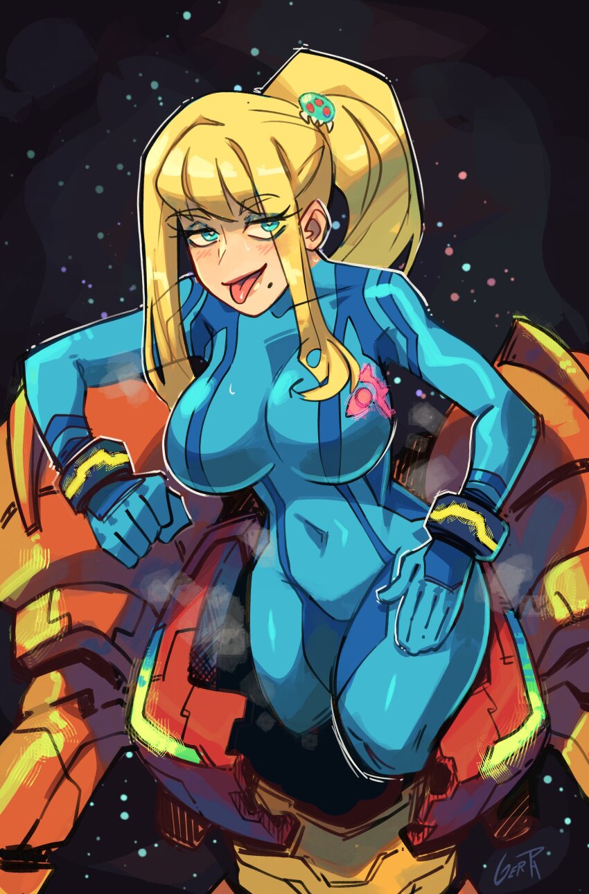 1girl 2021 absurdres artist_name bags_under_eyes blonde_hair blue_bodysuit blue_eyes blue_eyeshadow blush bodysuit breasts clenched_hand commentary covered_navel english_commentary exhausted eyeshadow female_focus gerph hair_ornament hairpin hand_on_own_thigh highres jitome large_breasts lips long_eyelashes long_hair makeup metroid metroid_(creature) mole mole_under_mouth nintendo ponytail power_suit_(metroid) samus_aran sidelocks solo space spacesuit steaming_body super_smash_bros. sweat swept_bangs tongue tongue_out undressing varia_suit wrist_cuffs zero_suit