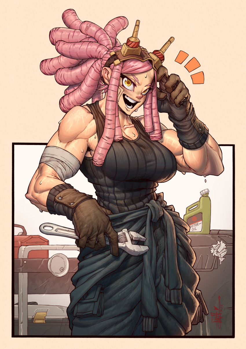 1girl abs bandages bare_shoulders boku_no_hero_academia breasts cleavage clothes_around_waist dreadlocks engineer female_focus glasses_on_head gloves hatsume_mei highres jacket jacket_around_waist joseph_virtuoso large_breasts looking_at_viewer mechanic muscular muscular_arms muscular_female oil pink_hair smile solo sweat sweatdrop tank_top toolbox tools yellow_eyes
