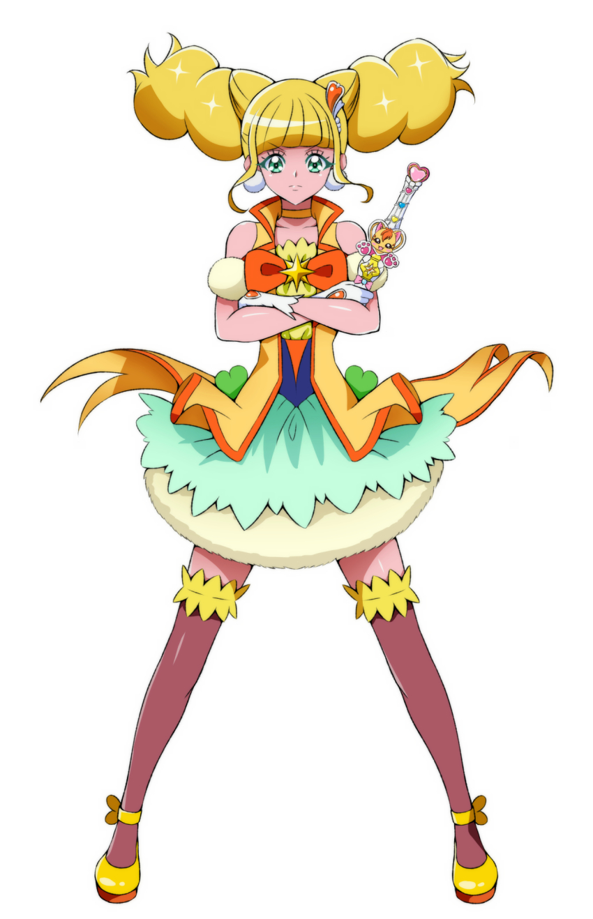 1girl ankle_bow ankle_ribbon aqua_skirt blonde_hair bow brooch brown_thighhighs bubble_skirt choker closed_mouth colored_eyelashes cone_hair_bun cure_sparkle double_bun earrings floating_hair full_body green_eyes gunbuster_pose hair_bun hair_ornament healin&#039;_good_precure healing_wand highres hiramitsu_hinata holding holding_wand jewelry layered_skirt leg_ribbon legs_apart looking_at_viewer magical_girl medium_hair mismatched_eyelashes nyatoran_(precure) on_kazu orange_bow pom_pom_(clothes) pom_pom_earrings precure ribbon serious shoes simple_background skirt solo standing thighhighs vest wand white_background yellow_bow yellow_choker yellow_shoes yellow_vest