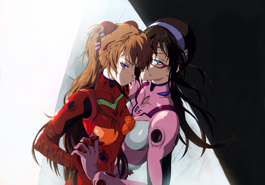 &gt;:| 10s 2girls :| annoyed arm_around_waist asymmetrical_docking backlighting bandages black_hair blue_eyes blue_hairband blush bodysuit breast_press breasts brown_hair closed_mouth day dutch_angle evangelion:_3.0_you_can_(not)_redo eyepatch from_side glasses gloves grin hair_ornament hairband hairclip hairpods half-closed_eyes hand_on_another&#039;s_head hand_on_another&#039;s_hip headgear highres holding_hands hug interface_headset_(evangelion) interlocked_fingers long_hair makinami_mari_illustrious mecha_pilot_suit medium_breasts multiple_girls neon_genesis_evangelion outdoors patch plugsuit_(evangelion) profile rebuild_of_evangelion red-framed_eyewear shade shiika_sadamasa skin_tight skinny small_breasts smile souryuu_asuka_langley standing sunlight tape turtleneck upper_body v-shaped_eyebrows very_long_hair yuri