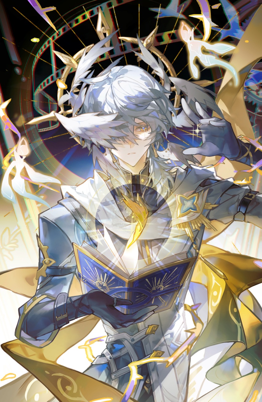 1boy absurdres arm_belt black_gloves blue_jacket book chromatic_aberration crying crying_with_eyes_open earrings feathered_wings feathers film_strip gloves glowing_feather gold_earrings gold_trim grey_hair grey_shirt hair_over_one_eye halo halo_behind_head hands_up head_wings highres holding holding_book honkai:_star_rail honkai_(series) iron_hailai jacket jewelry looking_at_viewer male_focus medium_hair multicolored_jacket multiple_wings open_book parted_lips piercing ring scarf shirt solo spiked_halo sunday_(honkai:_star_rail) tears thorns three-quarter_sleeves two-tone_jacket two-tone_scarf white_jacket white_scarf white_wings wing_piercing wings yellow_eyes yellow_feathers yellow_scarf