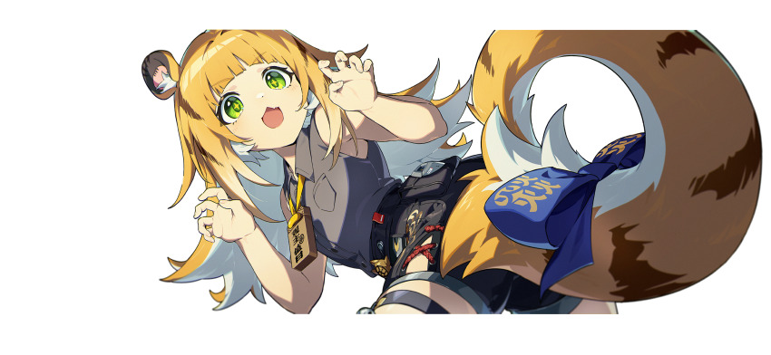 1girl :3 animal_ear_fluff animal_ears belt black_background black_shorts blonde_hair blunt_bangs bow claw_pose collared_shirt colored_inner_hair cowboy_shot fang fangs green_eyes grey_shirt highres ju_fufu letterboxed long_hair looking_at_viewer looking_back mindscape_cinema_(zenless_zone_zero) multicolored_hair necktie official_art open_mouth ribbon shirt short_shorts shorts simple_background sleeveless sleeveless_shirt smile solo tail tail_bow tail_ornament tail_ribbon thigh_strap tiger_ears tiger_girl tiger_tail white_hair zenless_zone_zero
