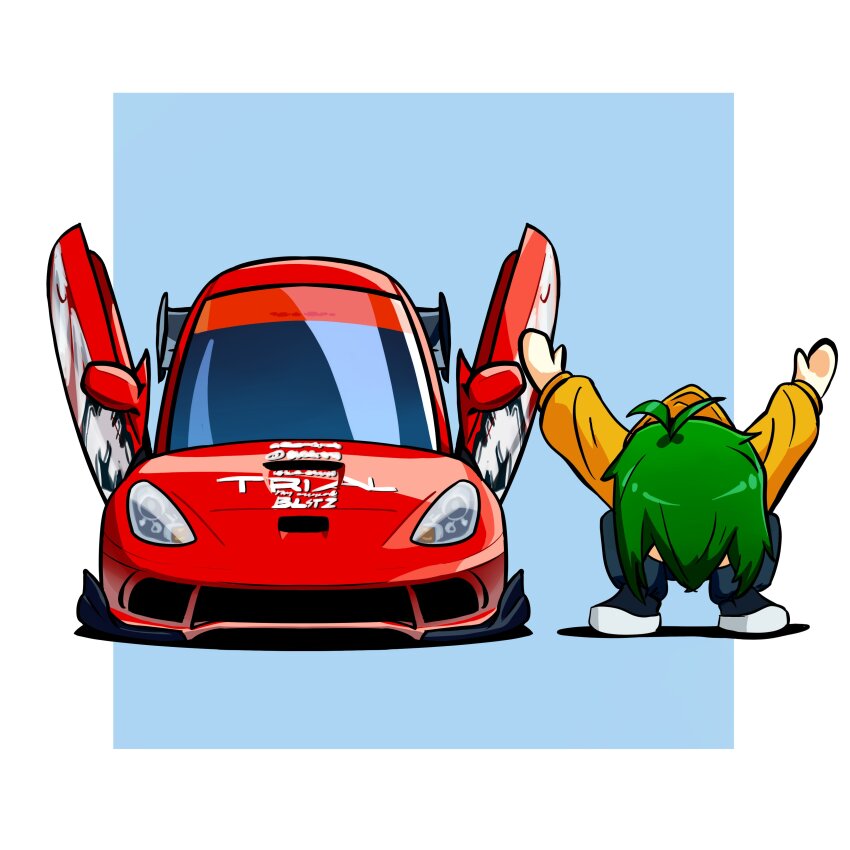 1boy absurdres blue_background blue_pants blue_shoes border car chibi duz highres hood hood_down hoodie hori-san_to_miyamura-kun iura_shuu male_focus motor_vehicle orange_hoodie outside_border pants scissor_doors shadow shoes short_hair solo spoiler_(automobile) sports_car toyota toyota_celica toyota_celica_t230 vehicle_focus white_border