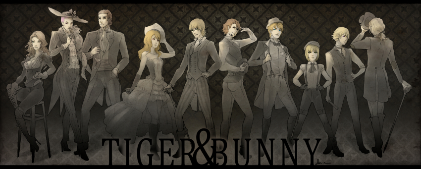 10s 6+boys agnes_joubert alexiussana antonio_lopez barnaby_brooks_jr. blonde_hair blue_eyes boots brown_eyes brown_hair newsboy_cap copyright_name facial_hair formal_clothes glasses green_eyes hat highres huang_pao-lin ivan_karelin jacket jewelry kaburagi_t._kotetsu karina_lyle keith_goodman long_hair mole multiple_boys multiple_girls nathan_seymour necktie pink_hair ponytail riding_crop short_hair silver_hair stubble suit tiger_&amp;_bunny vest yuri_petrov