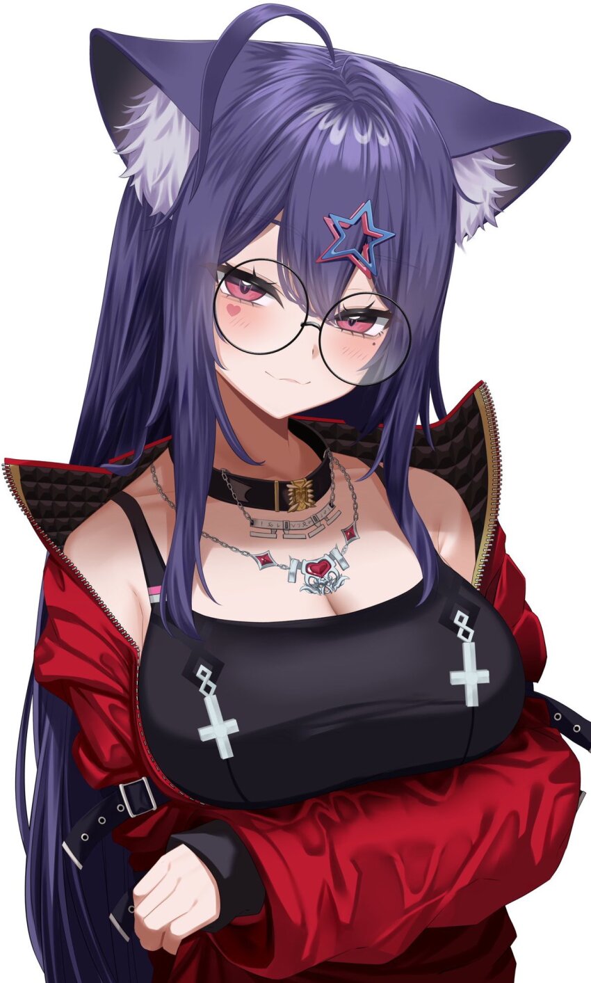 1girl ahoge akuma_nihmune animal_ear_fluff animal_ears bare_shoulders black_choker black_shirt blush breasts cat_ears cat_girl choker cleavage closed_mouth eyelashes glasses hair_ornament hashtag-only_commentary heart heart_necklace heart_on_cheek highres indie_virtual_youtuber jacket jewelry large_breasts long_hair mole mole_under_eye necklace pink_eyes purple_hair red_jacket round_eyewear shirt simple_background sleeveless sleeveless_shirt smile solo star_(symbol) star_hair_ornament takamiya_nao upper_body virtual_youtuber white_background