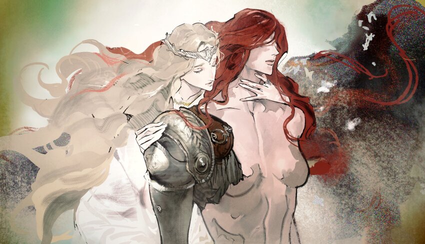 1boy 1girl amputee brother_and_sister bug butterfly cbb_(tuucoo) covered_eyes elden_ring helmet helmet_over_eyes highres insect malenia_blade_of_miquella malenia_goddess_of_rot mechanical_arms prosthesis prosthetic_arm prosthetic_leg siblings single_mechanical_arm too_many too_many_butterflies winged_helmet
