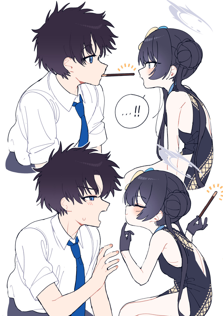 ! !! 1boy 1girl absurdres back_cutout bare_shoulders black_dress black_gloves black_hair blue_archive blue_eyes blue_necktie blush braid braided_bun butterfly_hair_ornament china_dress chinese_clothes clothing_cutout collared_shirt commentary_request couple cropped_legs curtained_hair dragon_print dress food food_in_mouth gloves grey_eyes grey_halo grey_pants hair_bun hair_ornament halo hetero highres je_o_mo kisaki_(blue_archive) long_hair necktie pants parted_bangs pelvic_curtain pocky pocky_in_mouth pocky_kiss pointing_at_mouth print_dress sensei_(blue_archive) shared_food shirt short_hair short_sleeves side_slit sidelocks simple_background sweatdrop twintails white_background white_shirt