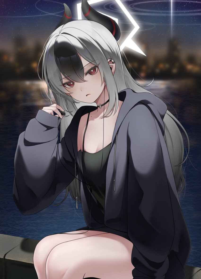 1girl absurdres bare_legs black_choker black_dress black_hair black_hoodie black_horns blue_archive blush bright_pupils building choker city city_lights cityscape closed_mouth collarbone dress earclip earphones expressionless hair_between_eyes halo highres holding holding_earphones hood hoodie horns kayoko_(blue_archive) ledge long_hair looking_at_viewer medium_hair mole mole_on_collarbone multicolored_hair night night_sky red_eyes revebw river sitting sky small_horns solo star_(sky) two-tone_hair white_hair white_halo white_pupils