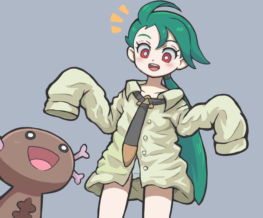 1girl :d aged_down blush bright_pupils buttons collarbone collared_shirt commentary creatures_(company) eyelashes game_freak green_hair grey_background highres long_hair looking_down necktie nintendo notice_lines open_mouth oversized_clothes oversized_shirt paldean_wooper panties pokemon pokemon_(creature) pokemon_sv ponytail red_eyes rika_(pokemon) shirt simple_background sleeves_past_fingers sleeves_past_wrists smile symbol-only_commentary takamame teeth tongue underwear upper_teeth_only white_panties white_pupils