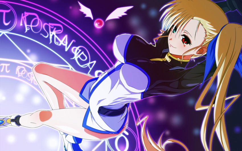 1girl aged_up blonde_hair breasts cosplay female_focus green_eyes heterochromia highres large_breasts long_hair lyrical_nanoha magic_circle magical_girl mahou_shoujo_lyrical_nanoha_vivid no_pants raising_heart raising_heart_(standby_mode) red_eyes side_ponytail smile solo takamachi_nanoha takamachi_nanoha_(cosplay) takamachi_nanoha_(exceed_mode) tappa_(esperanza) vivio wings