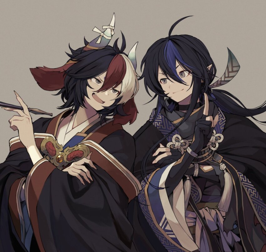 2boys black_hair dragon_horns fang fingerless_gloves gloves horns ikeya_(higumake) japanese_clothes kurotobi_(p&amp;d) male_focus multicolored_hair multiple_boys patterned_clothing pointy_ears ponytail puzzle_&amp;_dragons red_hair sayagata smoking_pipe suou_(p&amp;d) white_hair wide_sleeves