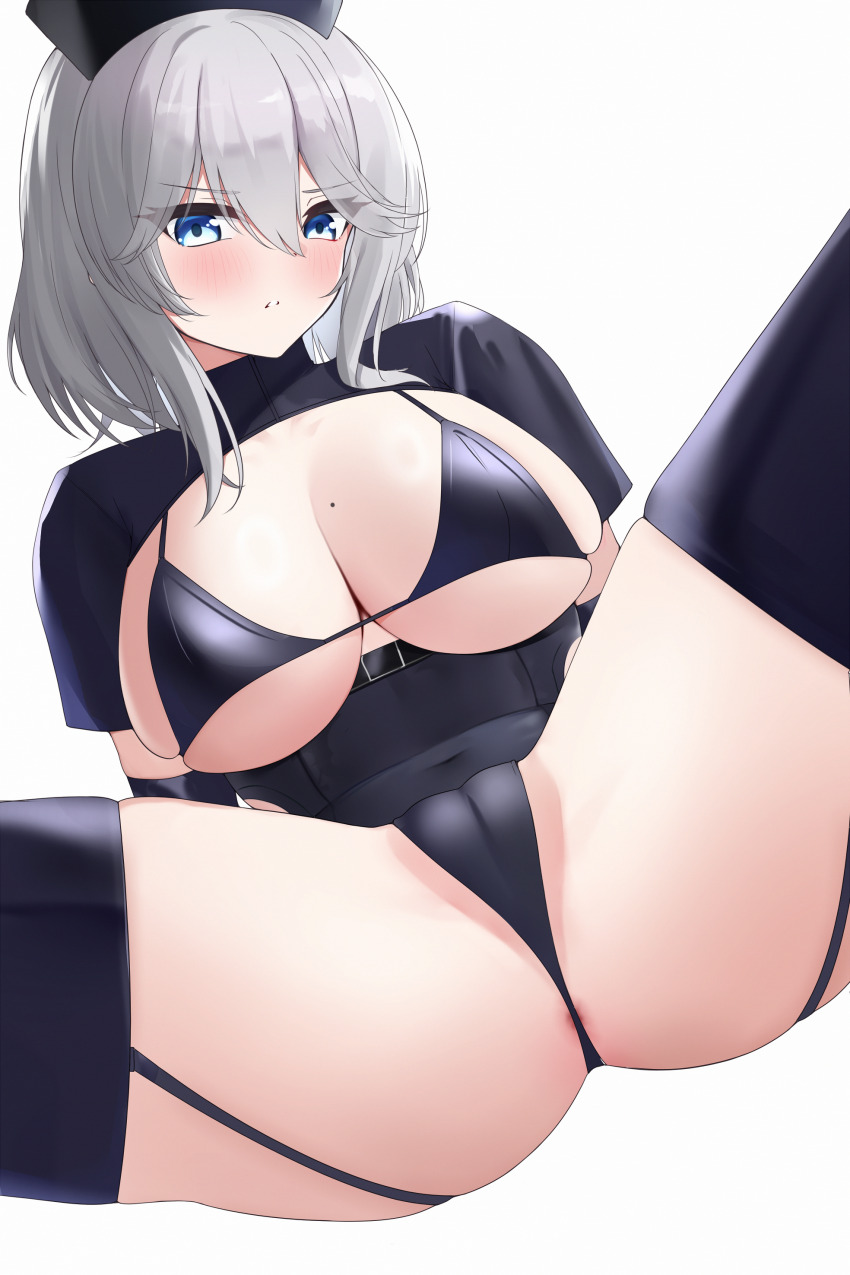 1girl absurdres anus anus_peek azur_lane black_garter_straps black_panties black_thighhighs blue_eyes blush breastless_clothes breasts cameltoe closed_mouth garter_straps grey_hair hair_between_eyes hat highres large_breasts looking_at_viewer medium_hair mole mole_on_breast nurse nurse_cap official_alternate_costume panties short_sleeves simple_background solo spread_legs thighhighs underwear washington_(azur_lane) washington_(making_the_rounds)_(azur_lane) white_background wide_spread_legs zerotwenty_(020)