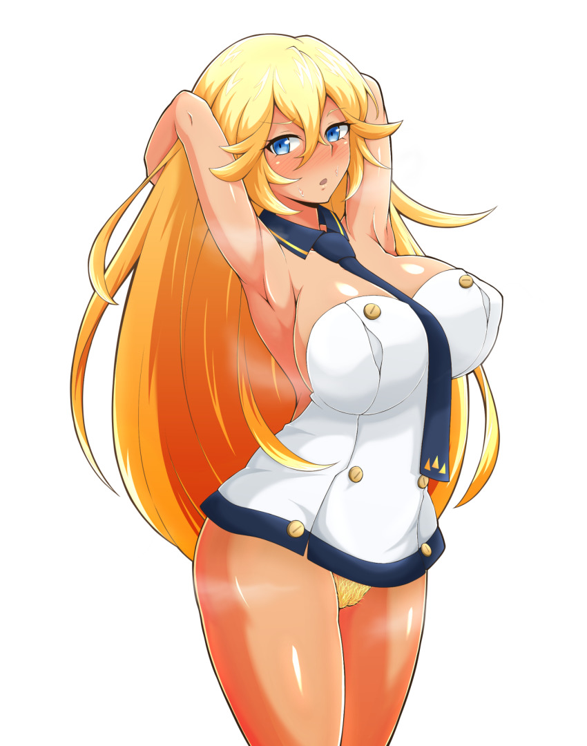 :o armpits arms_behind_head arms_up azur_lane bare_arms bare_shoulders between_breasts blonde_hair blonde_pubic_hair blue_eyes blue_necktie blush bottomless breasts buttons cleft_of_venus eyelashes feet_out_of_frame female_pubic_hair flipped_hair hair_between_eyes highres kumanosita large_breasts legs_together long_hair looking_at_viewer naked_shirt necktie necktie_between_breasts nose_blush open_mouth pubic_hair pussy shiny_skin shirt simple_background sleeveless sleeveless_shirt standing steam sweatdrop tennessee_(azur_lane) white_background white_shirt