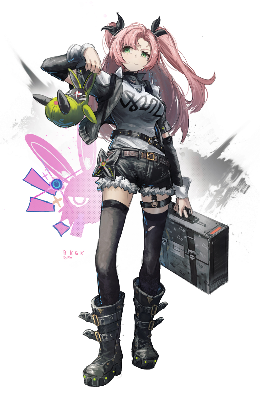 1girl absurdres artist_name belt black_belt black_boots black_ribbon black_shorts black_sleeves black_thighhighs boots closed_mouth commentary detached_sleeves english_commentary franlol full_body fur-trimmed_shorts fur_trim green_eyes hair_ribbon highres holding holding_suitcase long_hair nicole_demara parted_bangs pink_hair ribbon shirt short_sleeves shorts simple_background smile solo standing suitcase thigh_strap thighhighs torn_clothes torn_thighhighs two_side_up white_background white_shirt zenless_zone_zero