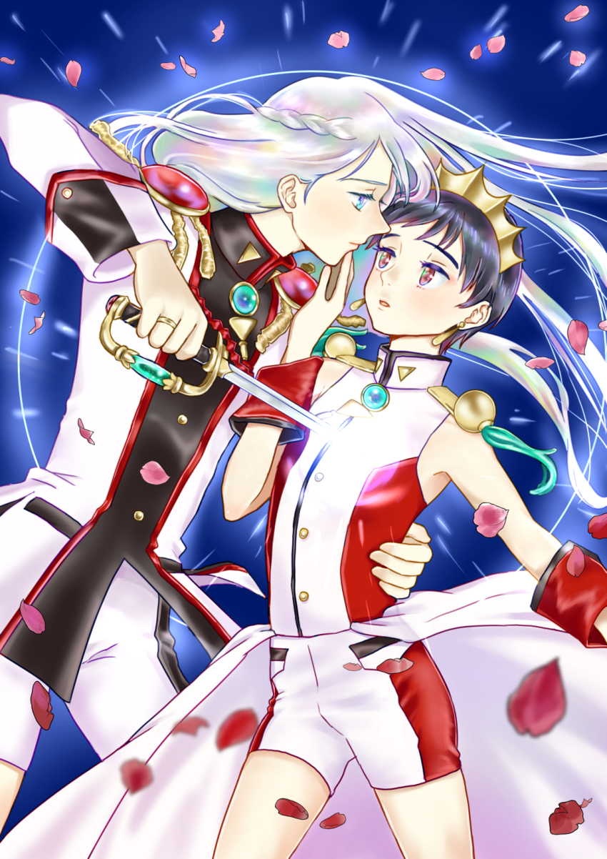 2boys bad_id bad_pixiv_id black_hair blue_eyes braid brown_eyes cosplay crown earrings epaulettes eye_contact hand_on_another&#039;s_face hand_on_another&#039;s_hip highres himemiya_anthy himemiya_anthy_(cosplay) human_scabbard ichigo_daifuku_(blumenwalzer0903) jewelry katsuki_yuuri long_hair looking_at_another male_focus multiple_boys petals ring sekai_wo_kakumei_suru_chikara_wo shorts shoujo_kakumei_utena shoujo_kakumei_utena_adolescence_mokushiroku silver_hair sword tenjou_utena tenjou_utena_(cosplay) viktor_nikiforov weapon yaoi yuri!!!_on_ice