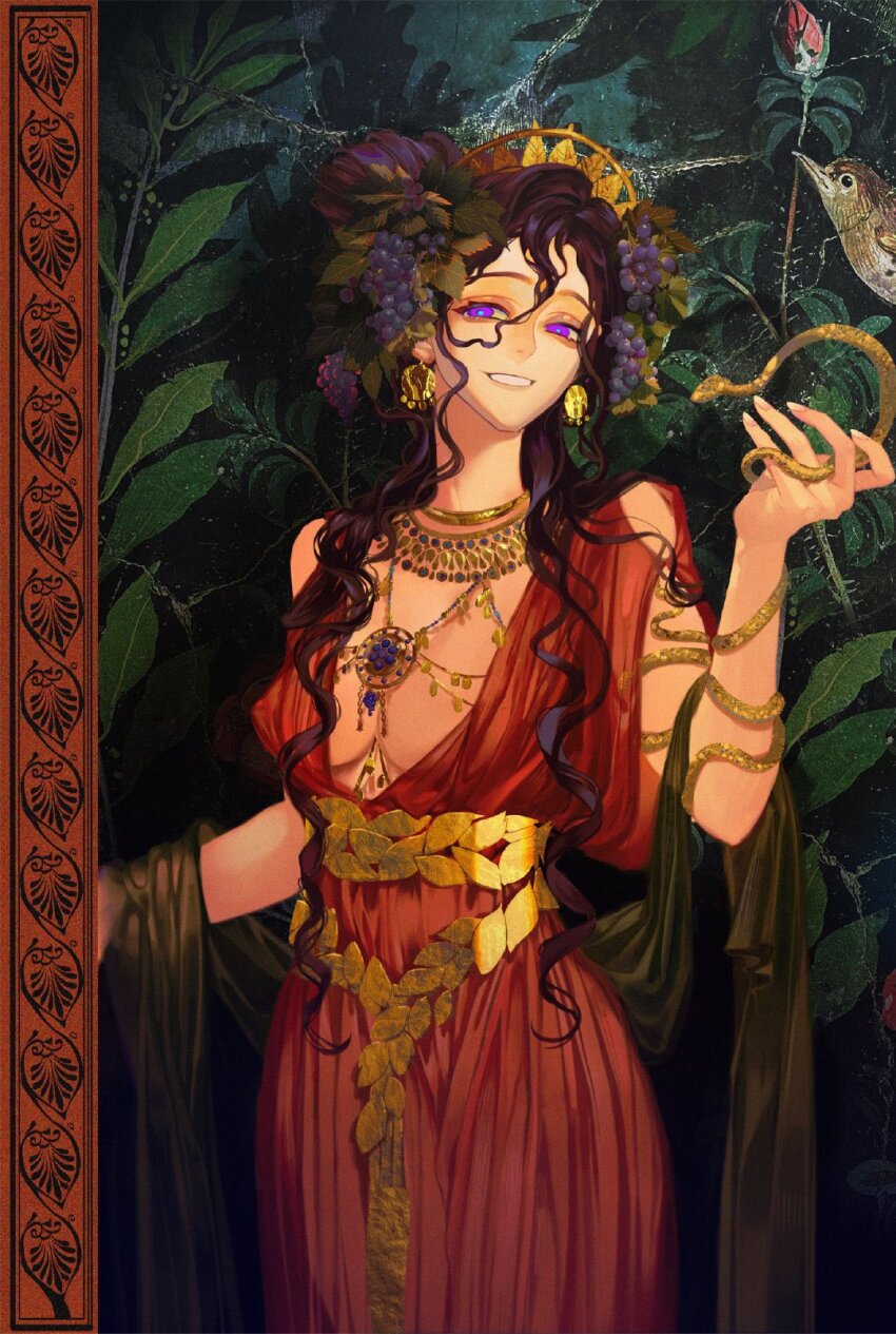 1girl animal blue_pupils breasts bwatermark cleavage collar commentary cover cover_page cowboy_shot deng_shen dress drill_hair earrings food-themed_hair_ornament food_print fruit_print gold_earrings gold_trim grape_hair_ornament grape_print hair_between_eyes hair_ornament hair_over_breasts hair_over_shoulder hand_up highres holding holding_animal holding_snake indoors jewelry long_hair medium_breasts mural necklace no_nipples original purple_eyes purple_hair red_dress smile snake snake_wrapped_around_arm solo symbol-only_commentary