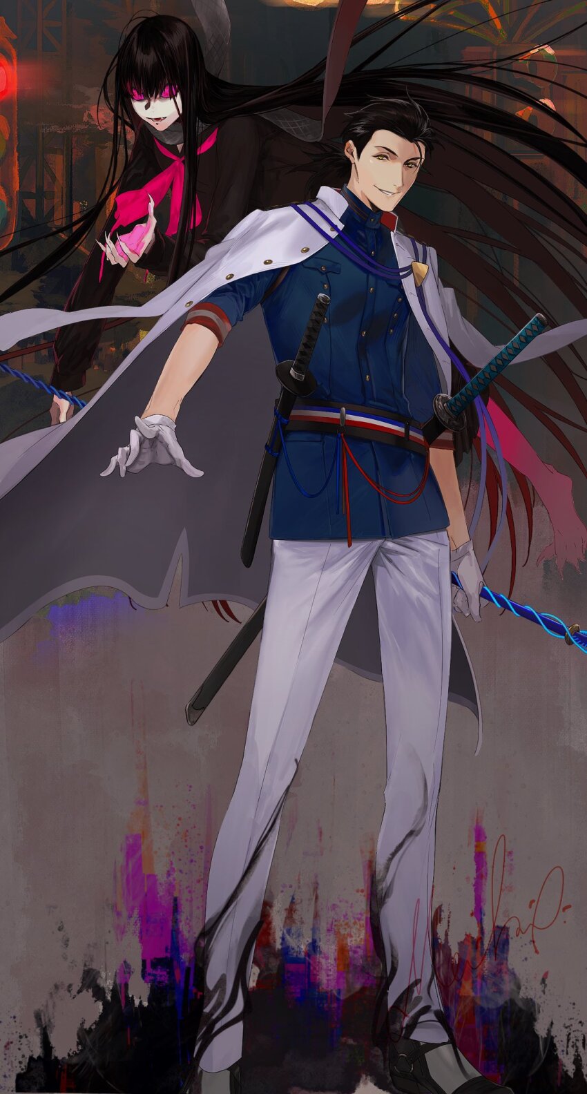 1boy 1girl :d black_footwear black_hair black_sash black_serafuku blue_jacket blunt_bangs claws coat coat_on_shoulders evil_smile fangs fate/grand_order fate_(series) fingernails floating full_body glitch gloves grey_scarf hair_slicked_back highres holding holding_polearm holding_weapon jacket katana long_hair long_sleeves looking_at_viewer low_ponytail multiple_swords neckerchief open_mouth oryou_(fate) pants pantyhose parted_lips pink_eyes pink_neckerchief pink_pantyhose polearm ponytail sakamoto_ryouma_(fate) sakamoto_ryouma_(lancer)_(fate) sash scarf school_uniform serafuku sharp_fingernails sheath sheathed smile solid_eyes speaker standing sword three-quarter_sleeves traffic_light very_long_hair weapon white_coat white_gloves white_pants yellow_eyes ziege113