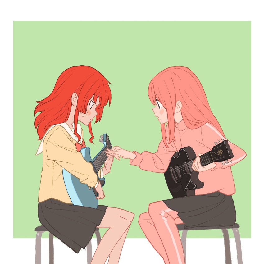 2girls 55bata6rou blue_eyes bocchi_the_rock! closed_mouth feet_out_of_frame from_side gotoh_hitori grey_skirt guitar hair_between_eyes highres holding holding_guitar holding_instrument instrument jacket kita_ikuyo long_hair long_sleeves looking_at_another multiple_girls on_stool pants pants_under_skirt pink_hair pink_jacket pink_pants pleated_skirt profile red_hair school_uniform shuka_high_school_uniform sitting skirt stool sweatdrop track_jacket track_pants track_suit