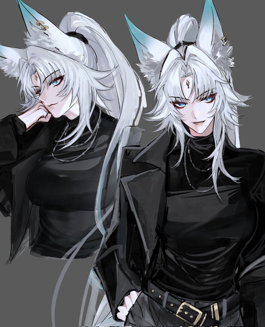 1girl animal_ear_fluff animal_ears belt black_belt black_jacket black_pants black_shirt blue_eyes breasts commentary cropped_torso feixiao_(honkai:_star_rail) forehead_jewel fox_ears fox_girl grey_background highres honkai:_star_rail honkai_(series) jacket large_breasts long_hair multiple_views pants ponytail shirt symbol-only_commentary turtleneck turtleneck_shirt white_hair yziyiling