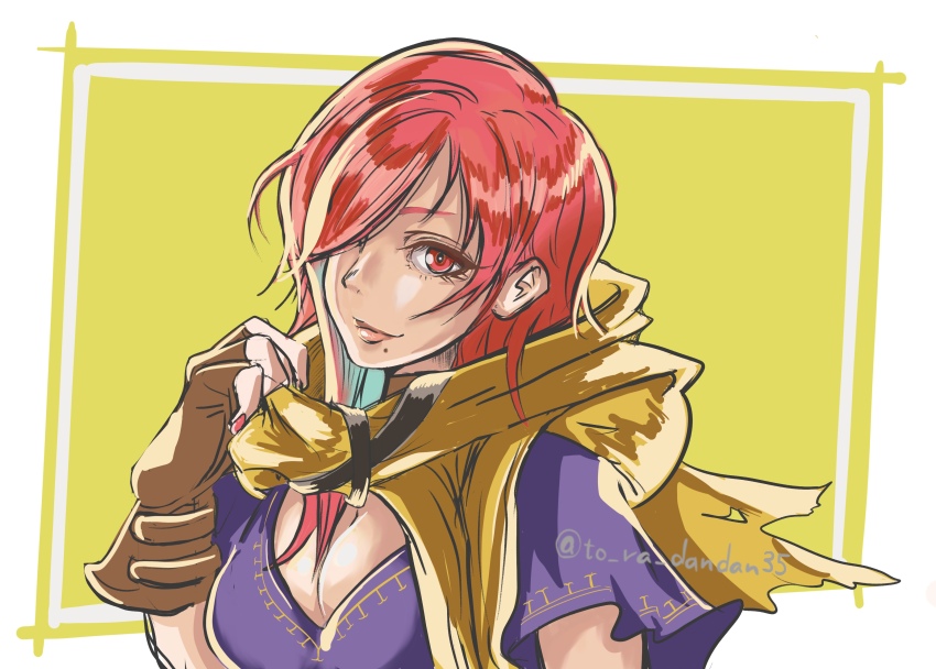 1girl absurdres breasts cleavage fingerless_gloves fire_emblem fire_emblem:_the_blazing_blade gloves hair_over_one_eye hand_up highres leather leather_gloves leila_(fire_emblem) lips looking_at_viewer mole mole_under_mouth nintendo purple_shirt red_eyes red_hair red_nails scarf shirt short_hair short_sleeves simple_background solo torao333 upper_body yellow_scarf