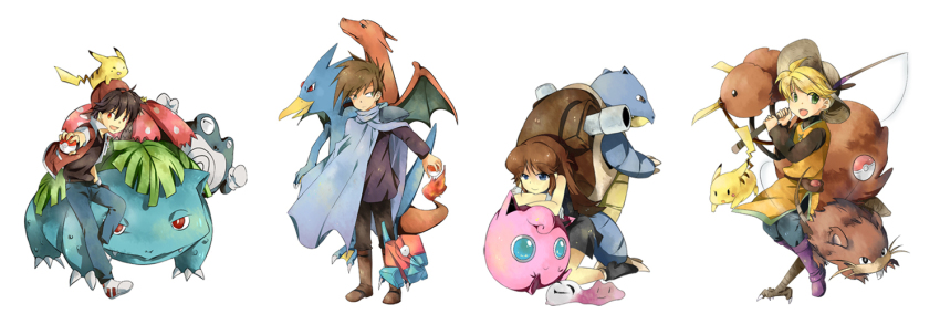 1990s_(style) androgynous blastoise blue_oak cape charizard claws ditto doduo fishing_rod gen_1_pokemon gender_request golduck green_(pokemon) jigglypuff long_image mask nintendo pikachu poke_ball pokemon pokemon_(creature) pokemon_adventures pokemon_gsc pokemon_rgby poliwrath porygon raticate red_(pokemon) retro_artstyle reverse_trap simple_background smile starter_pokemon_trio tachiuo_(arines) venusaur wide_image yellow_(pokemon)