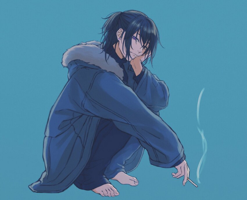 1boy aqua_background barefoot black_hair black_pants blue_jacket cigarette closed_mouth commentary_request earrings from_side full_body fur-trimmed_hood fur_trim hair_between_eyes hand_on_own_face highres holding holding_cigarette hood hooded_jacket jacket jewelry looking_at_viewer male_focus medium_hair moxamog original pants ponytail purple_eyes simple_background smoke solo squatting stud_earrings toes