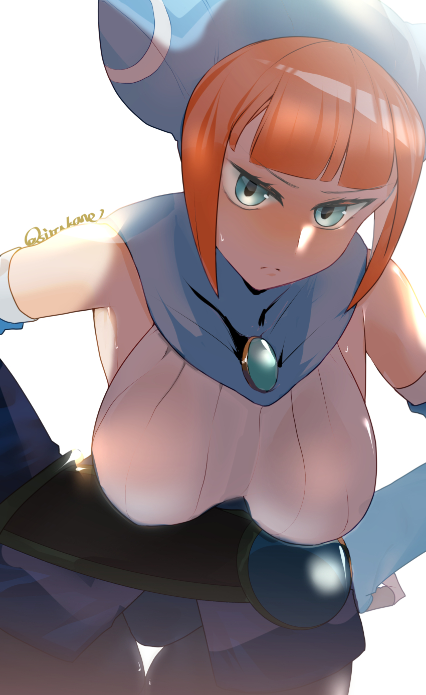 1girl absurdres animal_hood blue_eyes breasts breath_of_fire breath_of_fire_v cat_hood closed_mouth fingerless_gloves gloves highres hood large_breasts lin_(breath_of_fire) looking_at_viewer orange_hair short_hair sirakane_(tigo5115) solo sweat